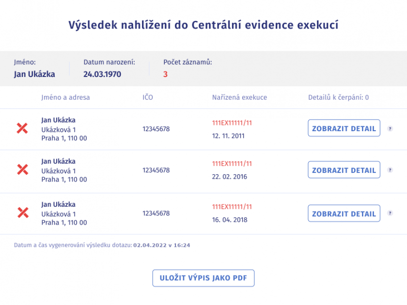 výpis z centrální evidence exekucí - s exekucemi